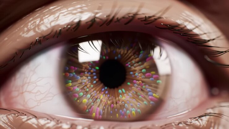 A Stunning Close-Up of a Colorful Eye with Intricate Patterns and Vibrant Colors Capturing the Depth and Beauty of Eyeball Anatomy in Artistic Detail