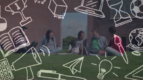 multiple school icons against group of college students talking to each other sitting on grass