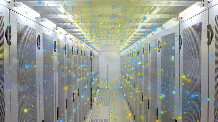 Animation of light spots and trails over server room
