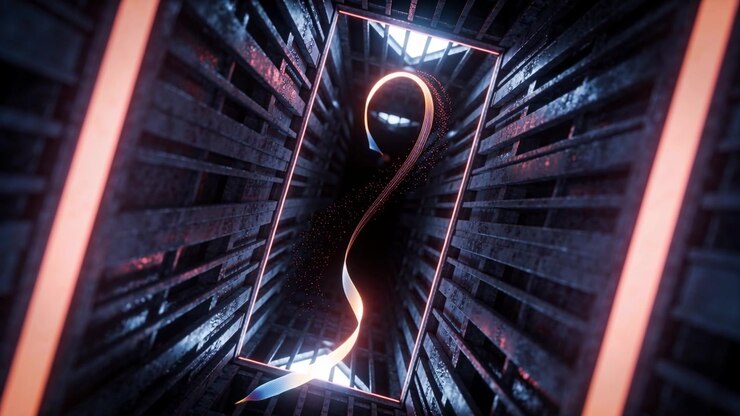 Fita brilhante ascendente esticando-se por um eixo de metal enquanto uma moldura de neon é ligada, criando partículas