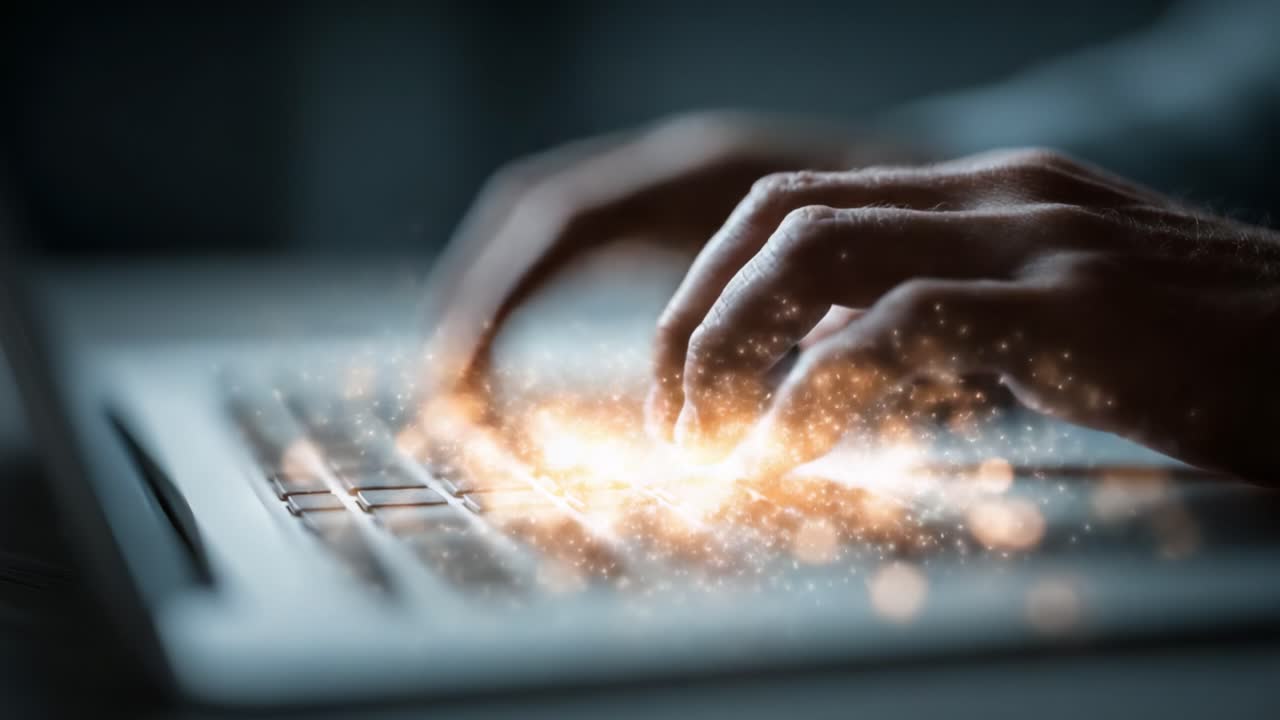 A Close-Up Look at the Magic of Typing on a Laptop: Enigmatic Hands Illuminated by a Sparkling Light Effect Revealing the Art of Modern Communication