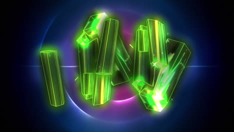 digital animation of green crystals against pink spiral light trails on blue background