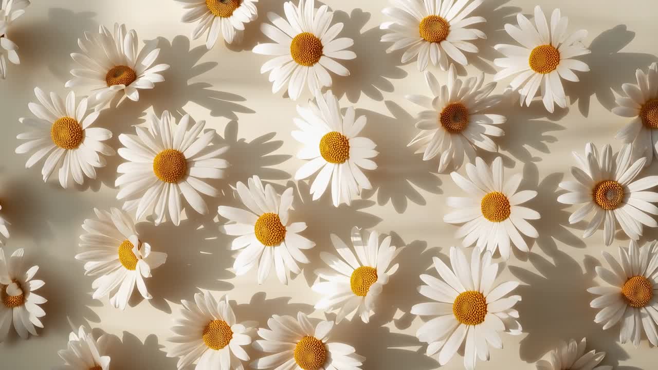 Shifting warm light causing daisy heads tilting, showing yellow discs, soft shadows on cream sheet