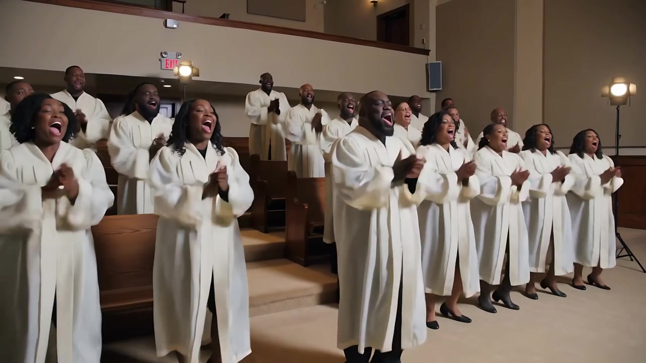 Clapping choir in white robes stepping forward after initial clap near pews in sanctuary, praising