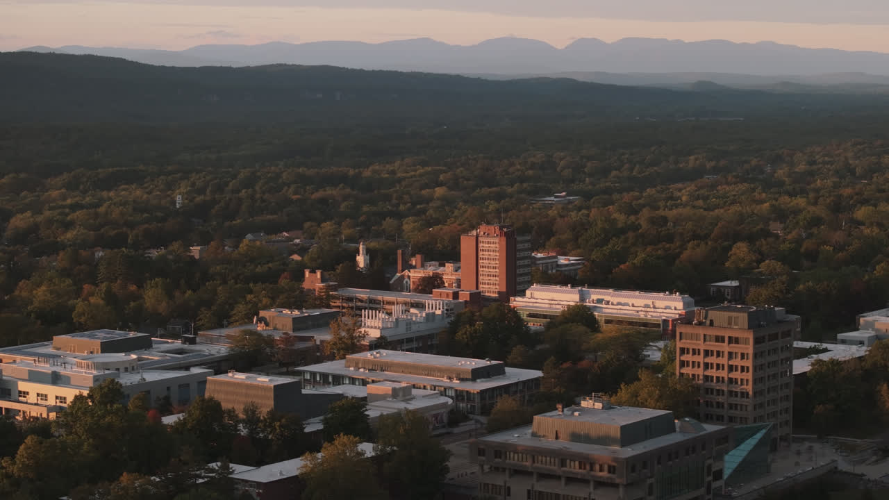 Aerial view of SUNY New Paltz on an autumn afternoon. Shot in New York State’s Catskill Mountains