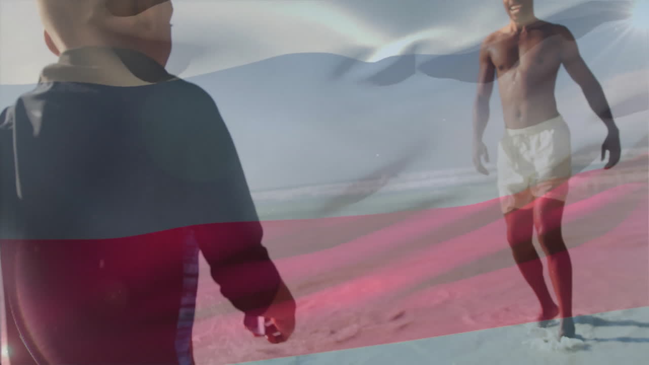 Running on beach, two people holding translucent flag in animation style