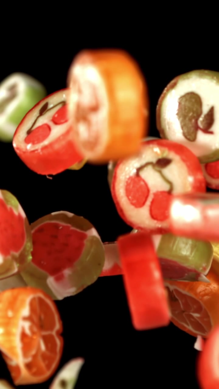 Balas de Frutas Coloridas Caindo em Câmera Lenta Contra um Fundo Preto
