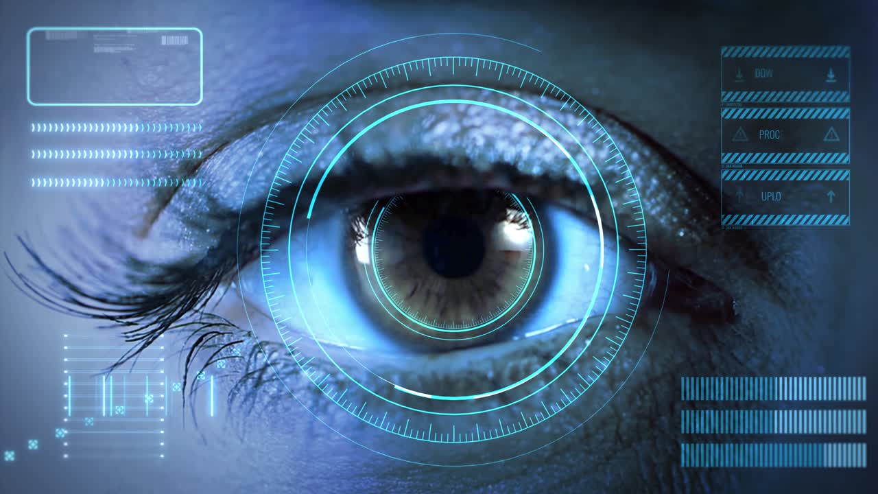 Futuristic eye hud animation monitor on face eye with code and information hologram virtual reality
