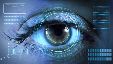 futuristic eye hud animation monitor on face eye with code and information hologram virtual reality