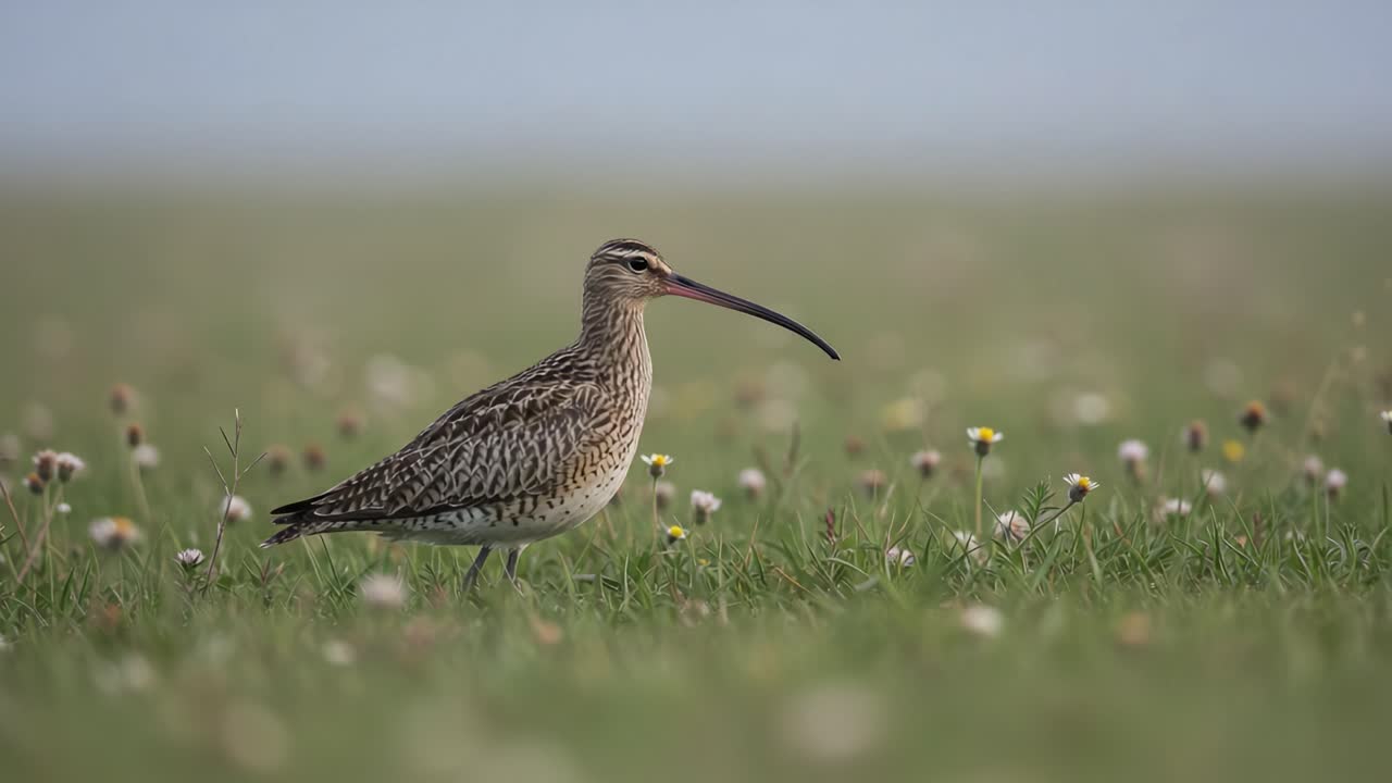 A solitary shorebird gracefully navigates through a vibrant meadow filled with wildflowers, showcasing its elegant features and unique long bill amidst the lush greenery