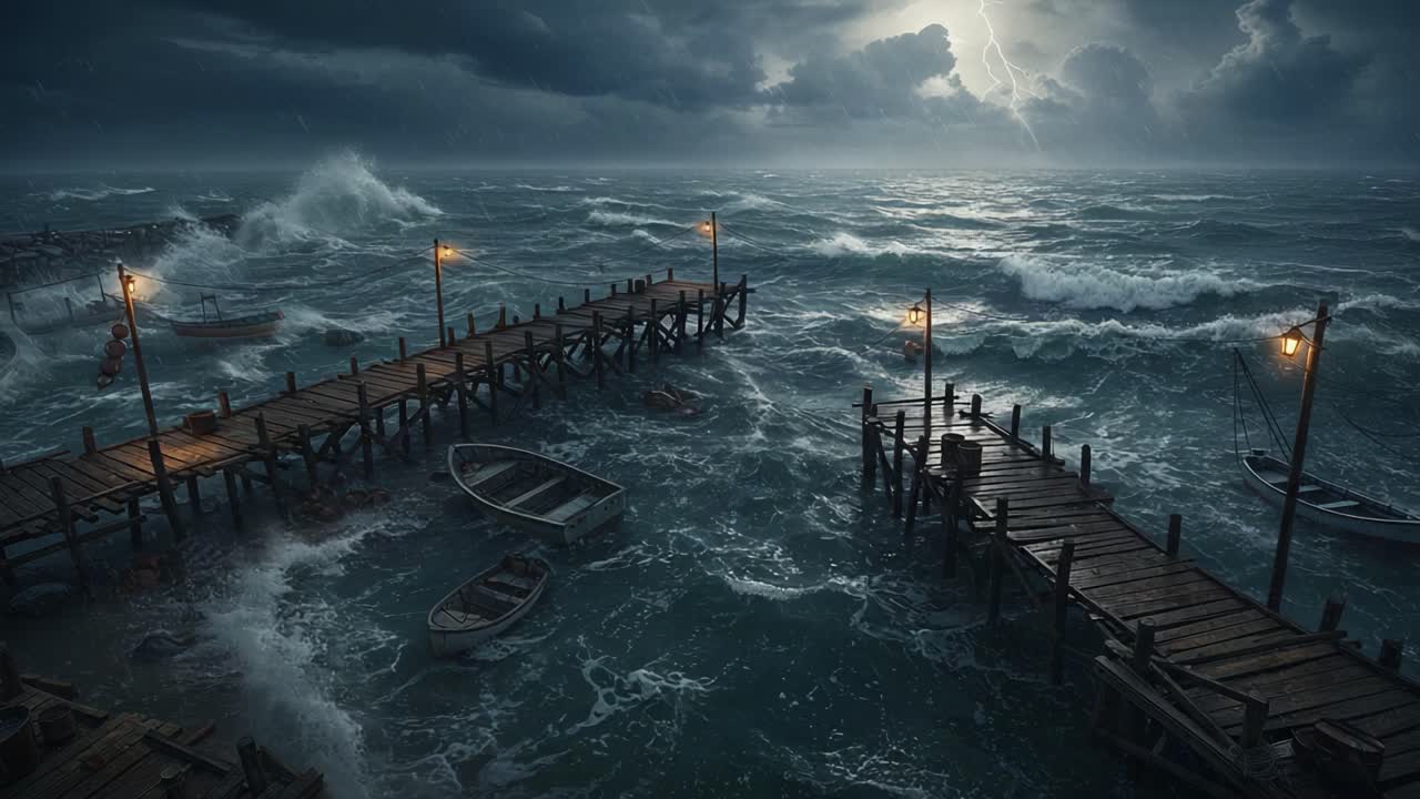 Dramatic Stormy Seascape Featuring a Wooden Pier, Boats, and Striking Lightning Under Dark Clouds in a Churning Ocean Setting