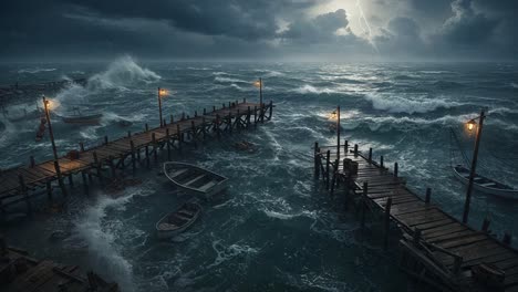 dramatic stormy seascape featuring a wooden pier, boats, and striking lightning under dark clouds in a churning ocean setting