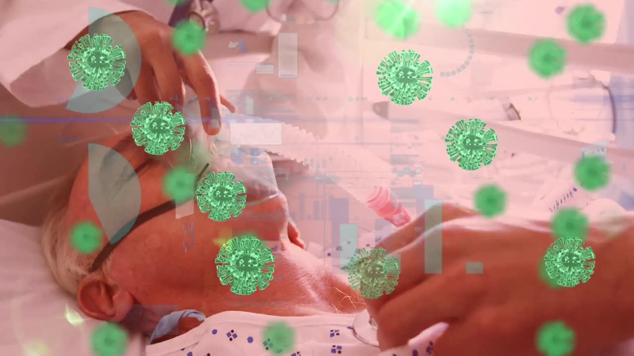 코로나19 세포와 데이터 처리는 여성 환자에게 산소 마스크를 착용하는 의사에 대한 것입니다.