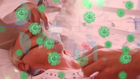 células de covid-19 y procesamiento de datos contra el médico que pone la máscara de oxígeno en la paciente femenina
