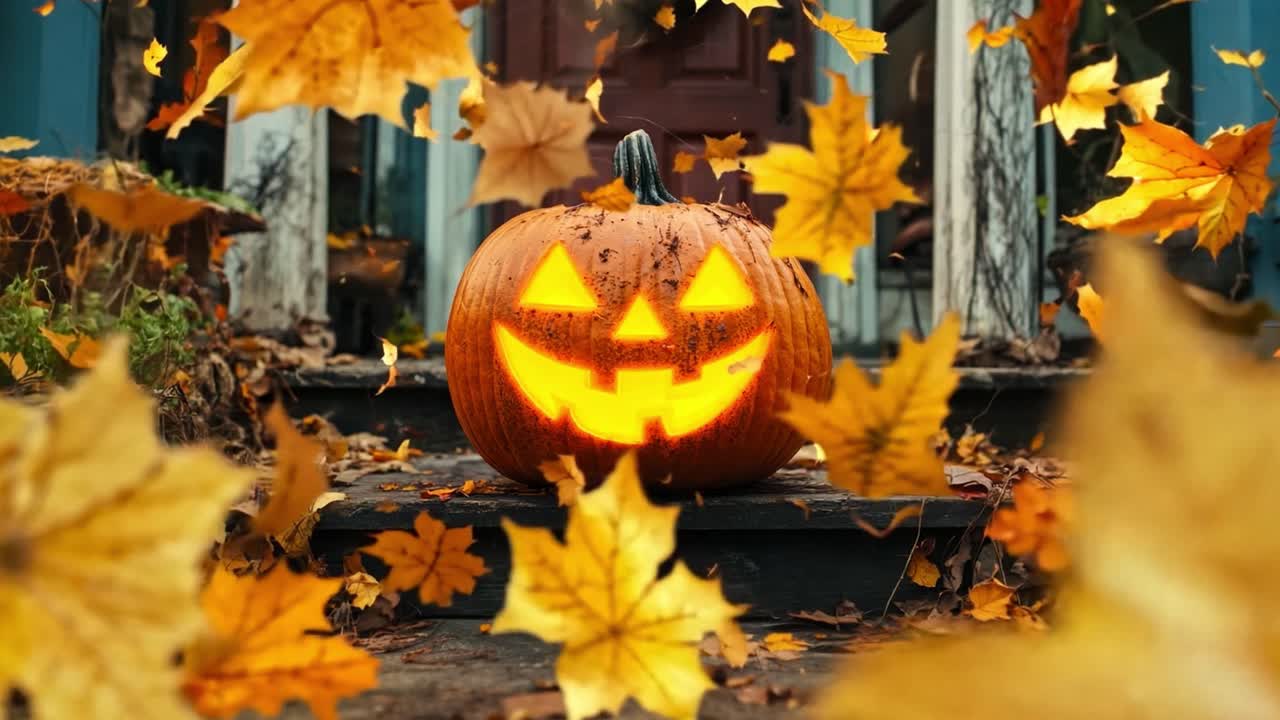 Halloween pumpkin with falling autumn leaves