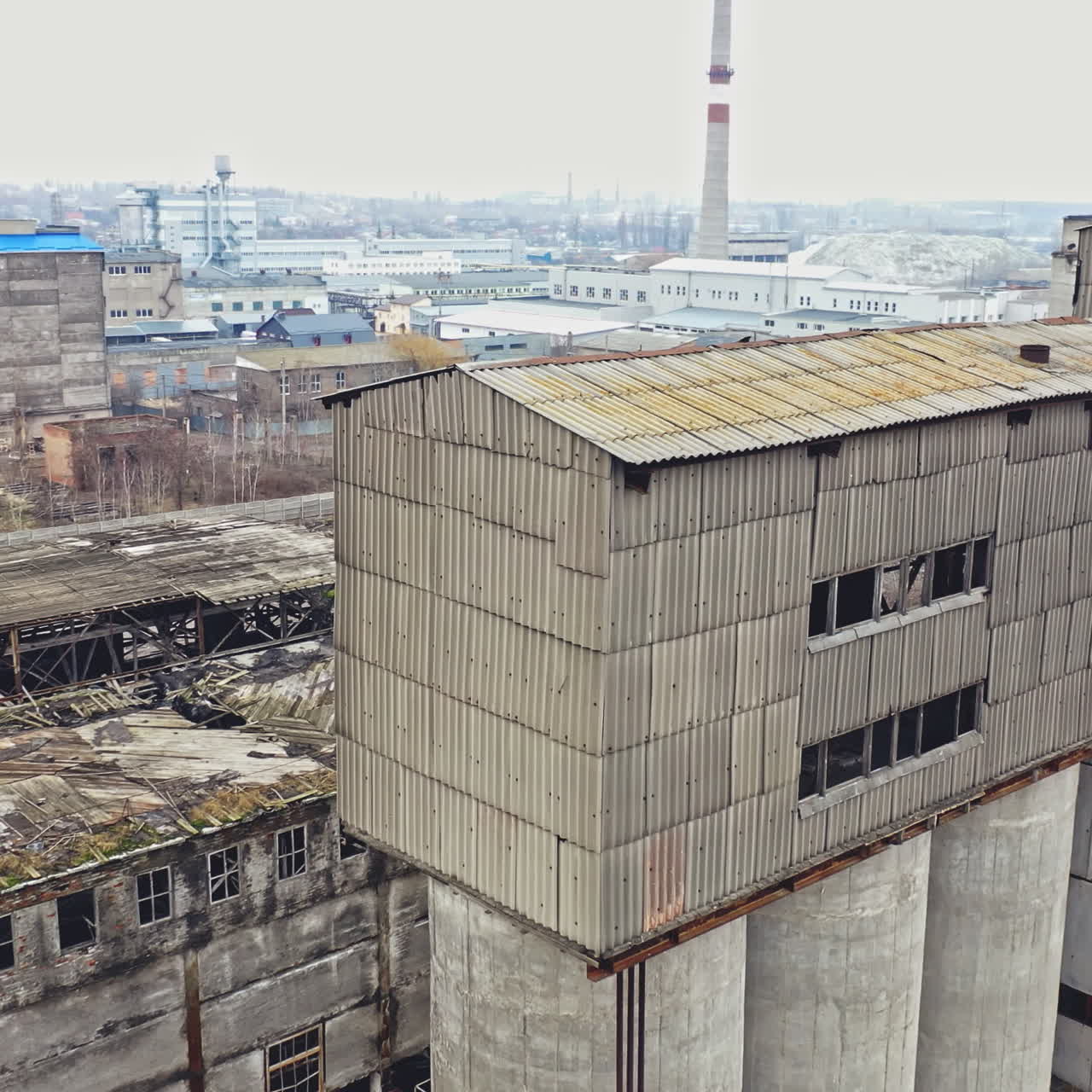 Aerial view of an abandoned industrial plant. Factory ruins.