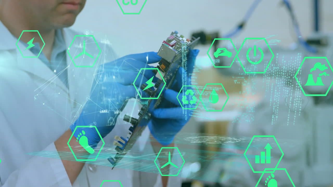 animación de procesamiento de datos con iconos de ecología sobre científica caucásica con una placa de computación