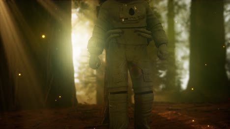 astronauta solitario en el bosque oscuro