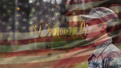 animation of diwali text and flag of usa over caucasian male soldier