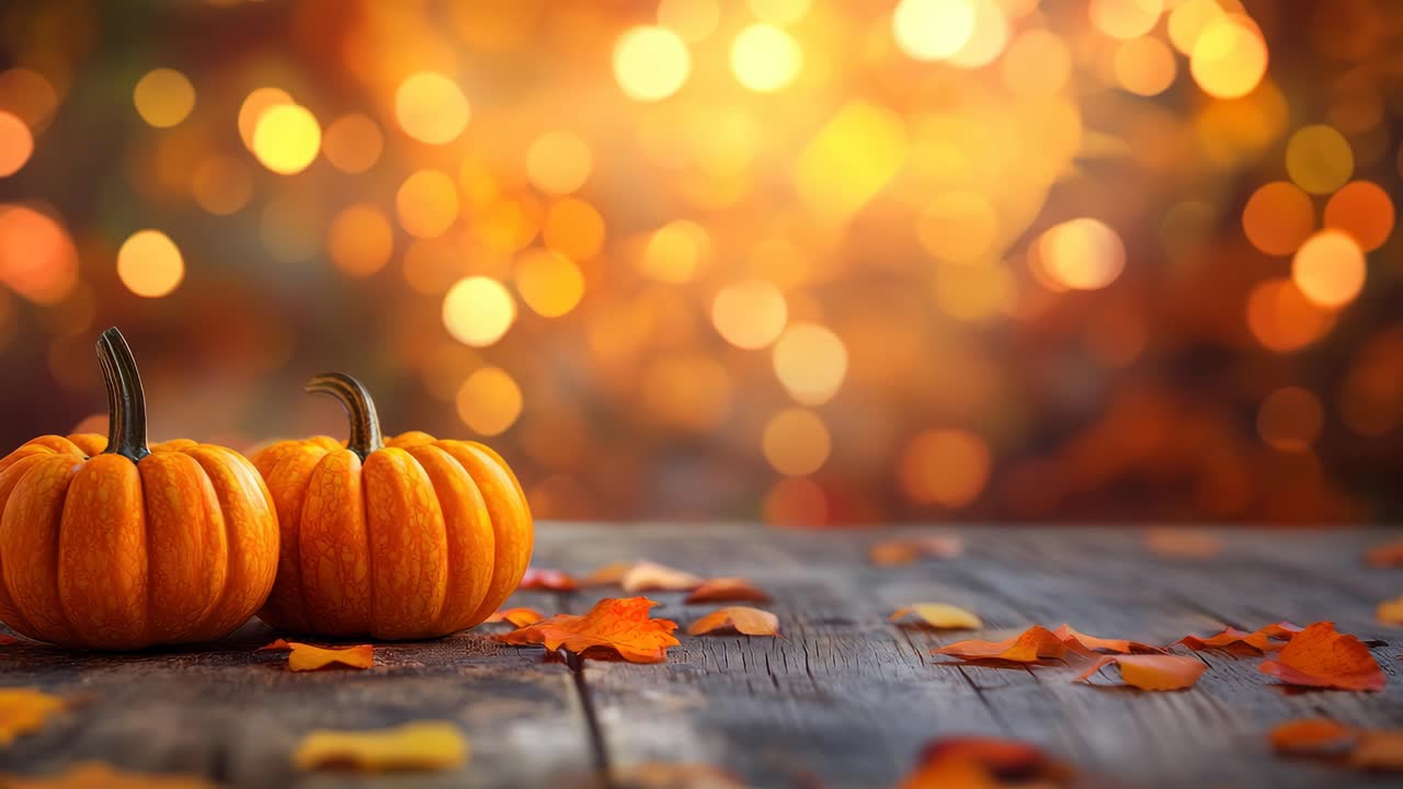 Cálida escena otoñal con calabazas sobre una mesa de madera, capturada desde un ángulo bajo