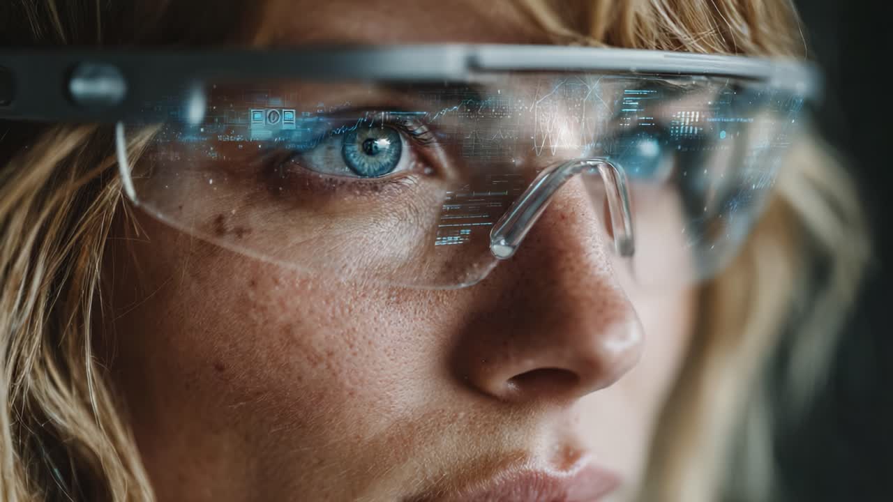 Exploring the Future of Technology: A Close-Up View of Augmented Reality Glasses Showcasing Dynamic Data and Visualizations