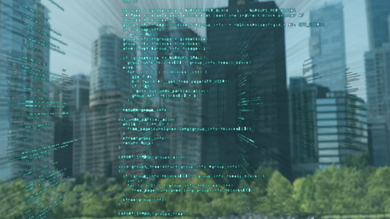 Animation of financial data processing over cityscape