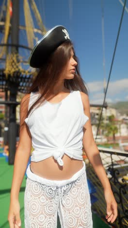 girl in a pirate hat on a ship deck