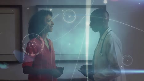 animation of network of connections over diverse female and male medics