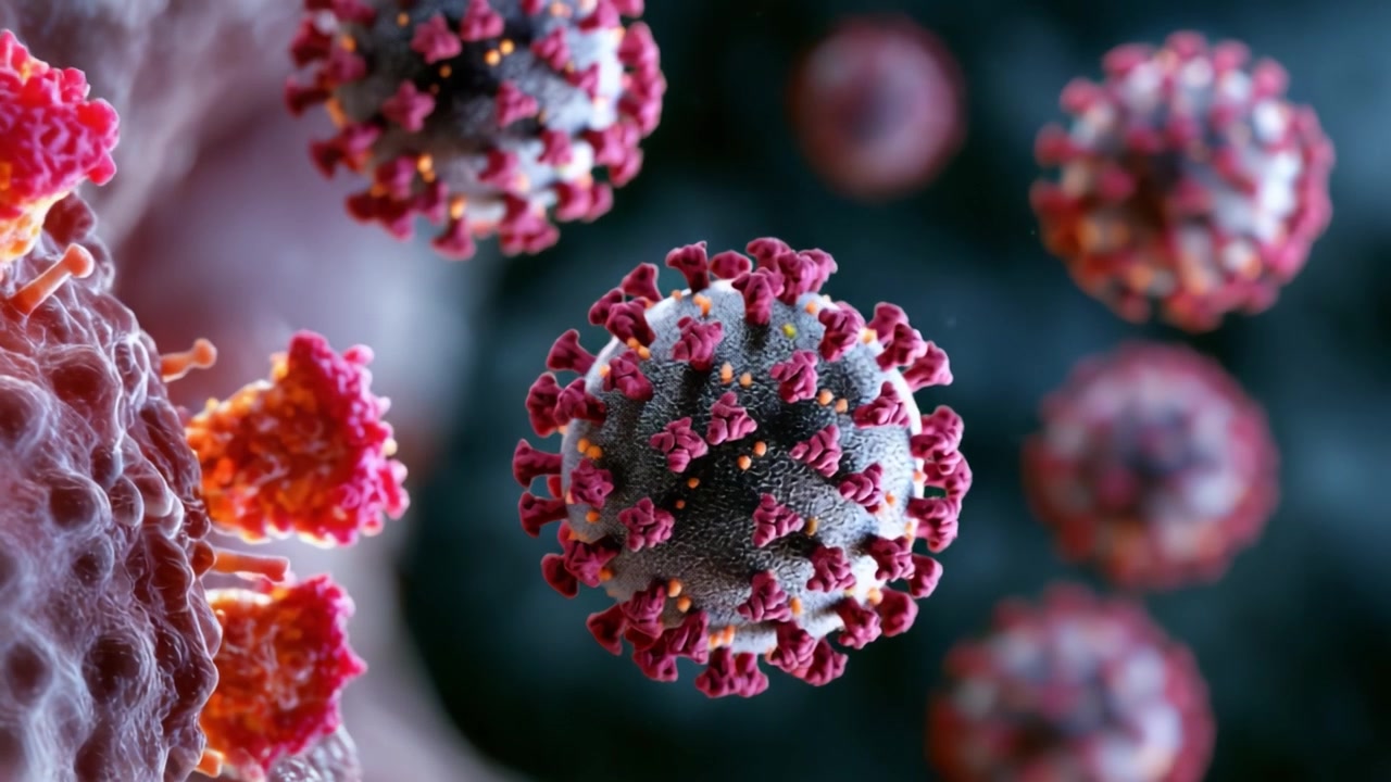 Visualizzazione dettagliata di particelle virali con strutture biologiche in un ambiente microscopico, che mostra le complessità del comportamento e della struttura dei patogeni.