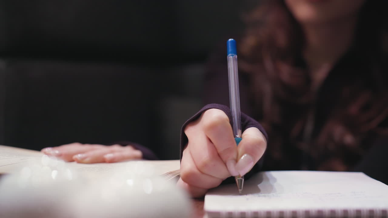 Close up view of female hand with acrylic nails writing in spiral notebook using pen while holding open book on wooden table. White decorative elements on table and blurred background
