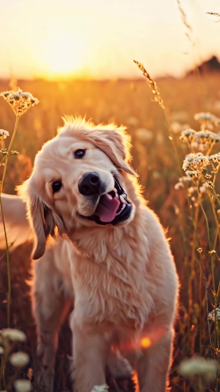 Adorable cachorro de Golden Retriever corriendo hacia la cámara al atardecer