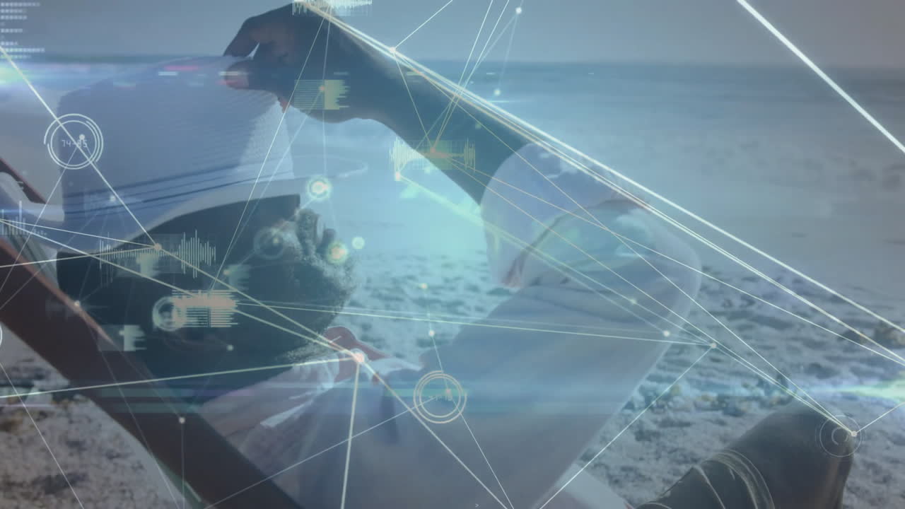 On beach, man interacting with digital network animation and data visualization