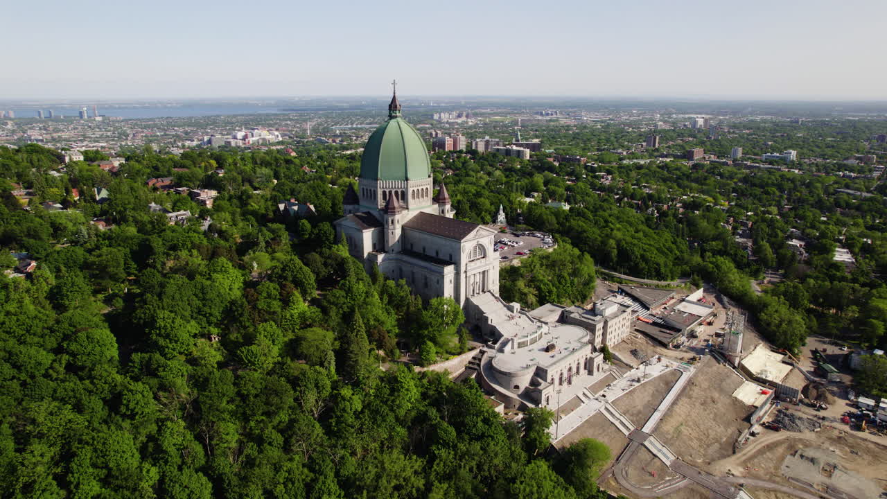 Saint Joseph's Oratory, sunny, summer day in Montreal - pull back, drone shot