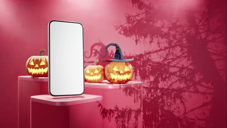 Smartphone-mockup-with-three-jack-o'-lanterns,-on-red-background