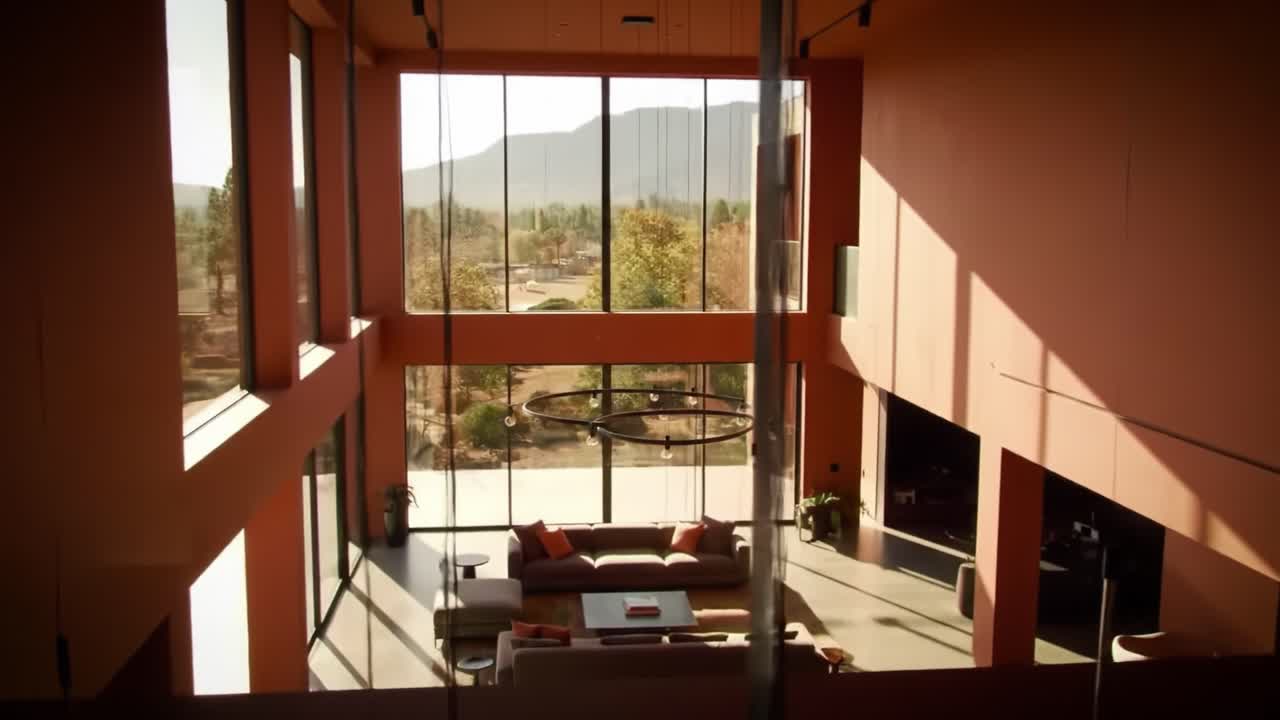 Stunning Modern Living Space with Expansive Windows, Breathtaking Views of Nature, and Contemporary Design Elements Illuminated by Natural Light