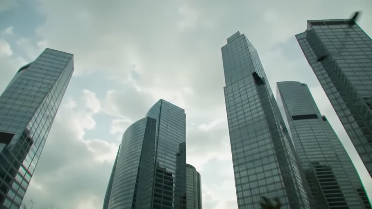 Tall glass skyscrapers dominate the skyline as clouds swirl above. The setting captures the vibrant energy of a city, showcasing architectural brilliance during daylight hours.
