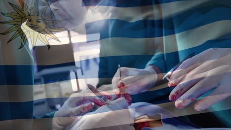 animation of flag of uruguai waving over surgeons in operating theatre