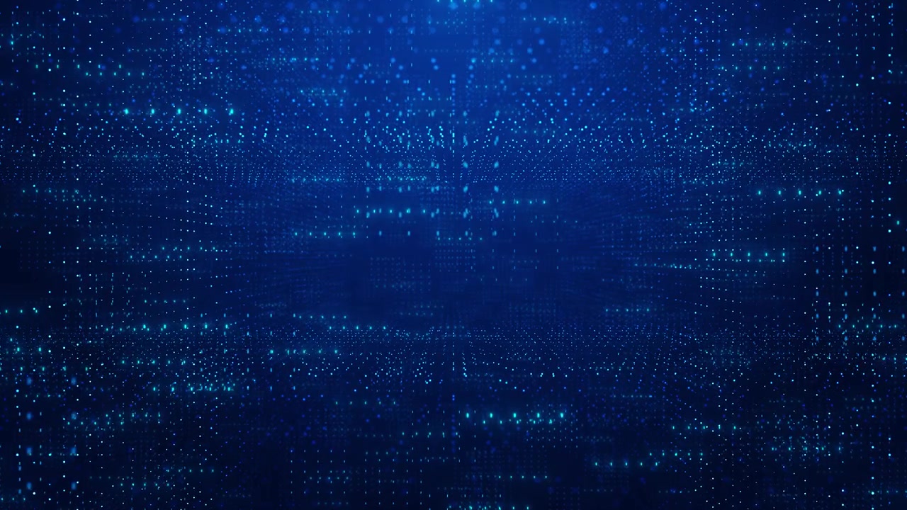 Digital particle matrix room visual with blue dotted walls glowing depth and dark data cube style