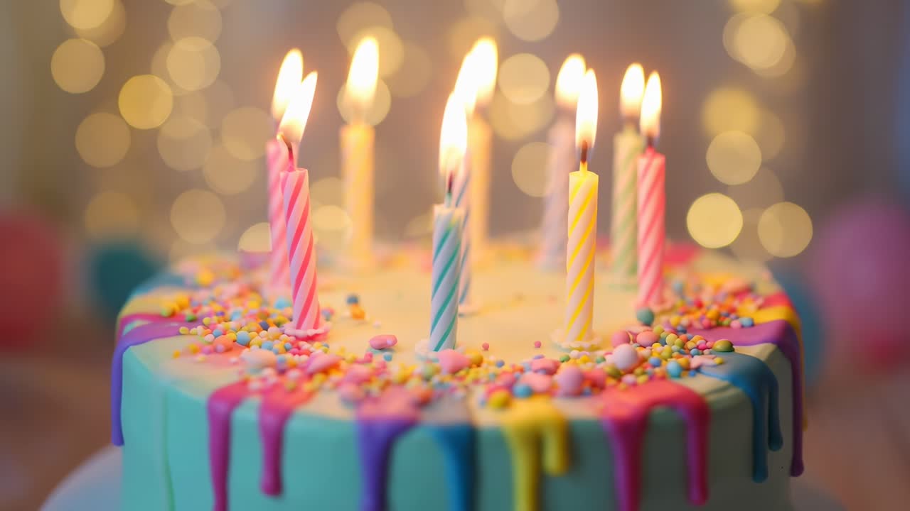 Angolazione video ravvicinata di una torta di compleanno colorata con candeline accese e luci bokeh