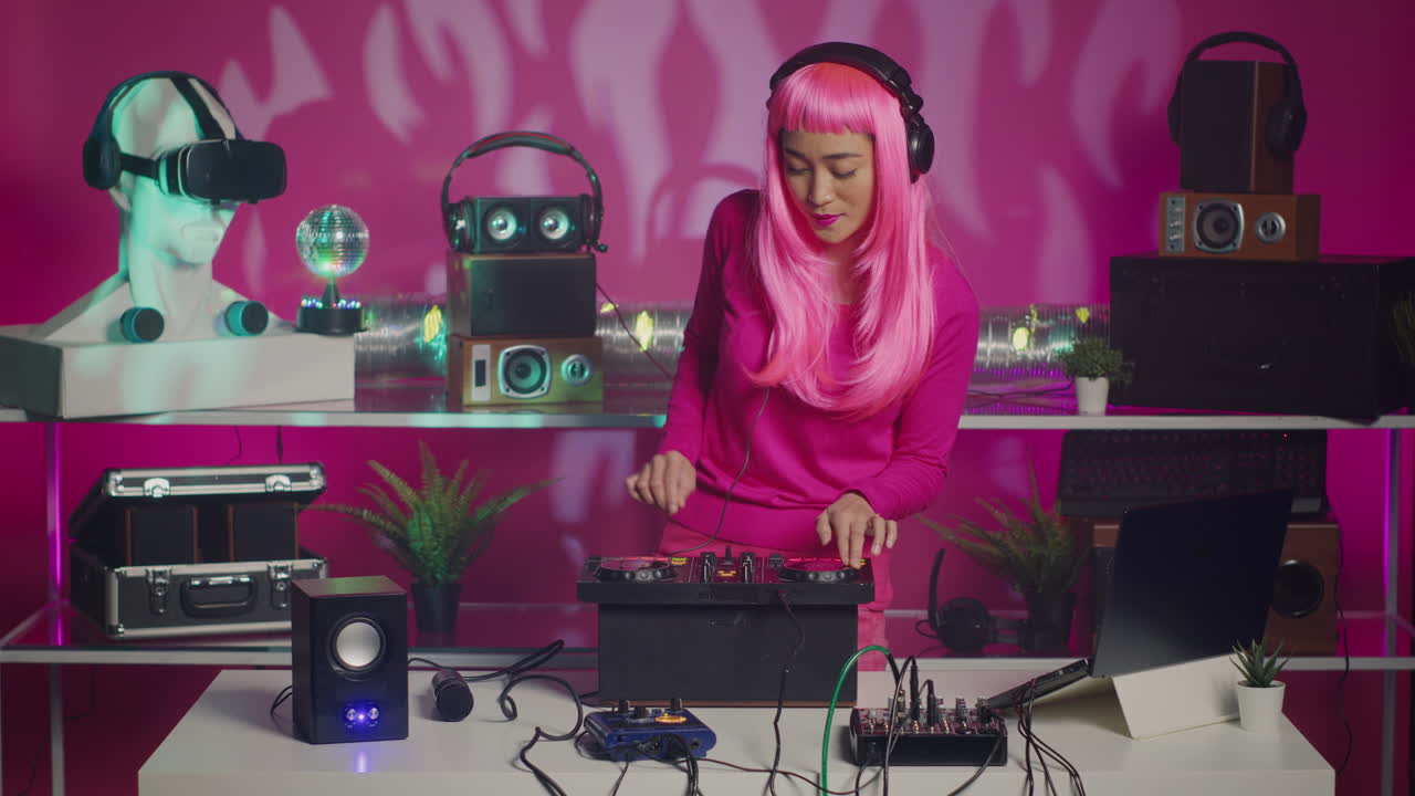 DJ with Pink Wig and Headphones Mixing Music