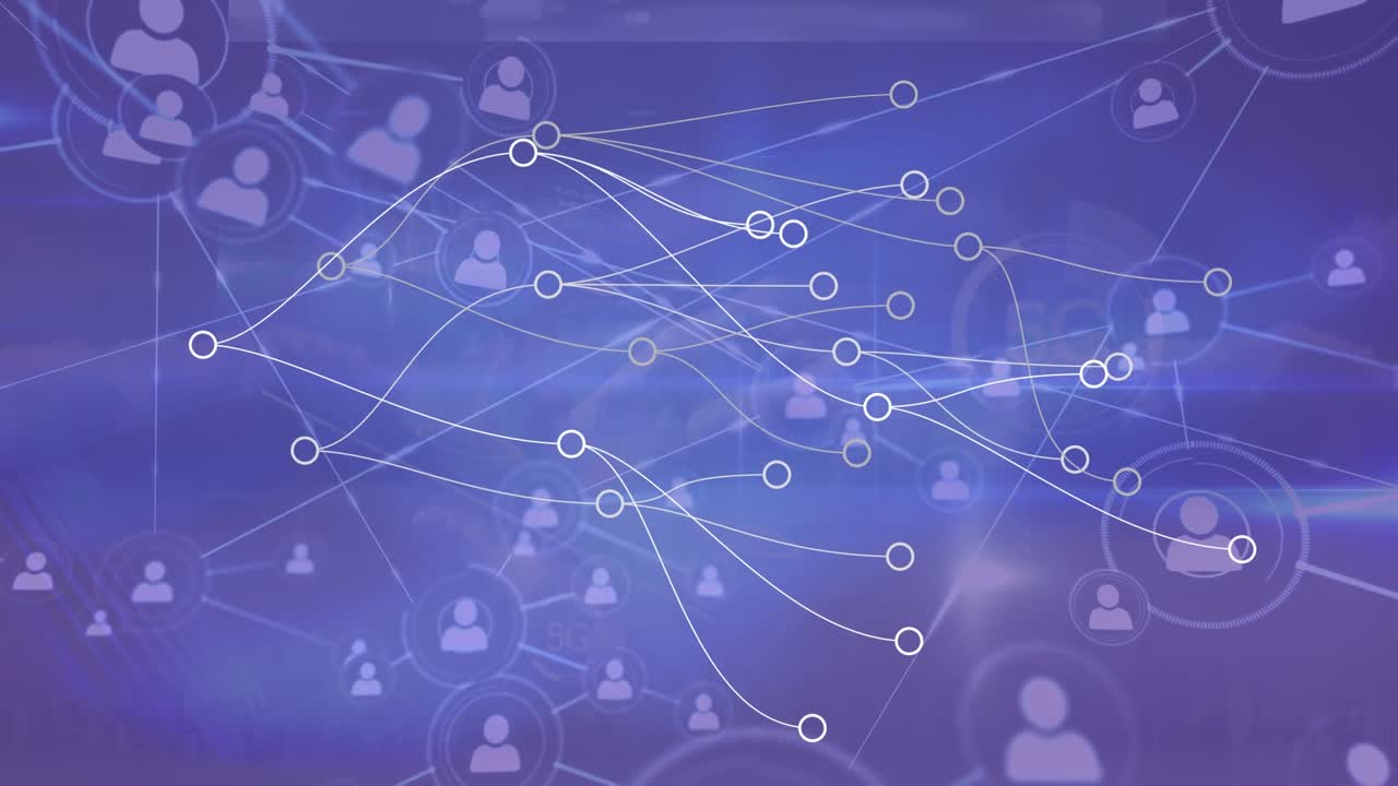 Animazione dell'elaborazione dati e icone media su sfondo blu