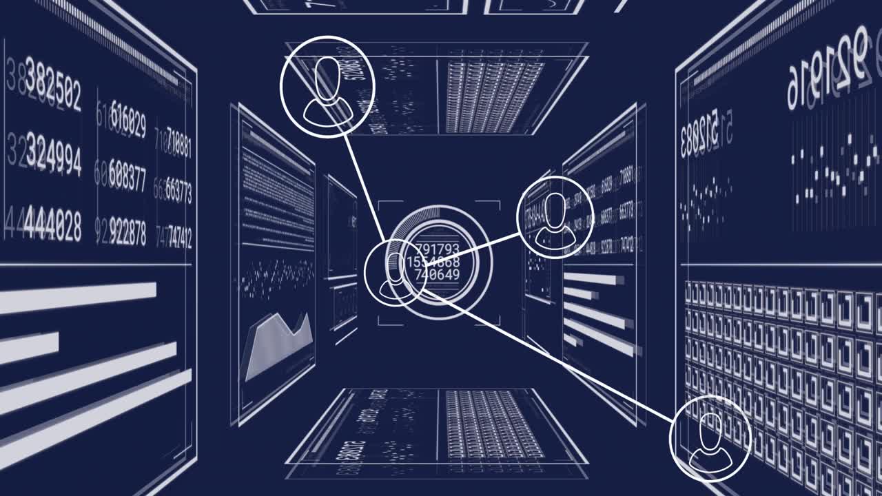 어두운 배경에서 연결 네트워크와 데이터 처리의 애니메이션