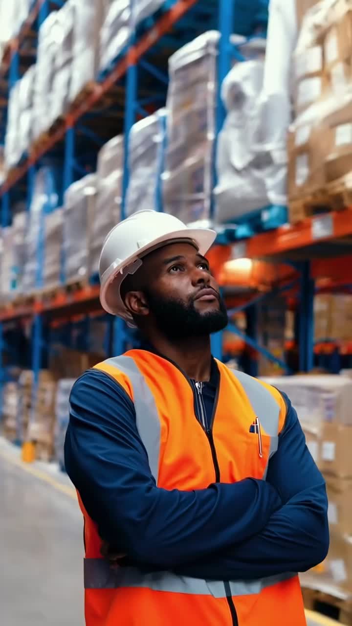A low-angle video shot of a worker in a warehouse, wearing safety gear, looking upward