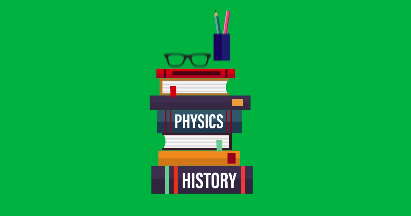 Animation of stack of books, glasses and pencil container icons falling on black background