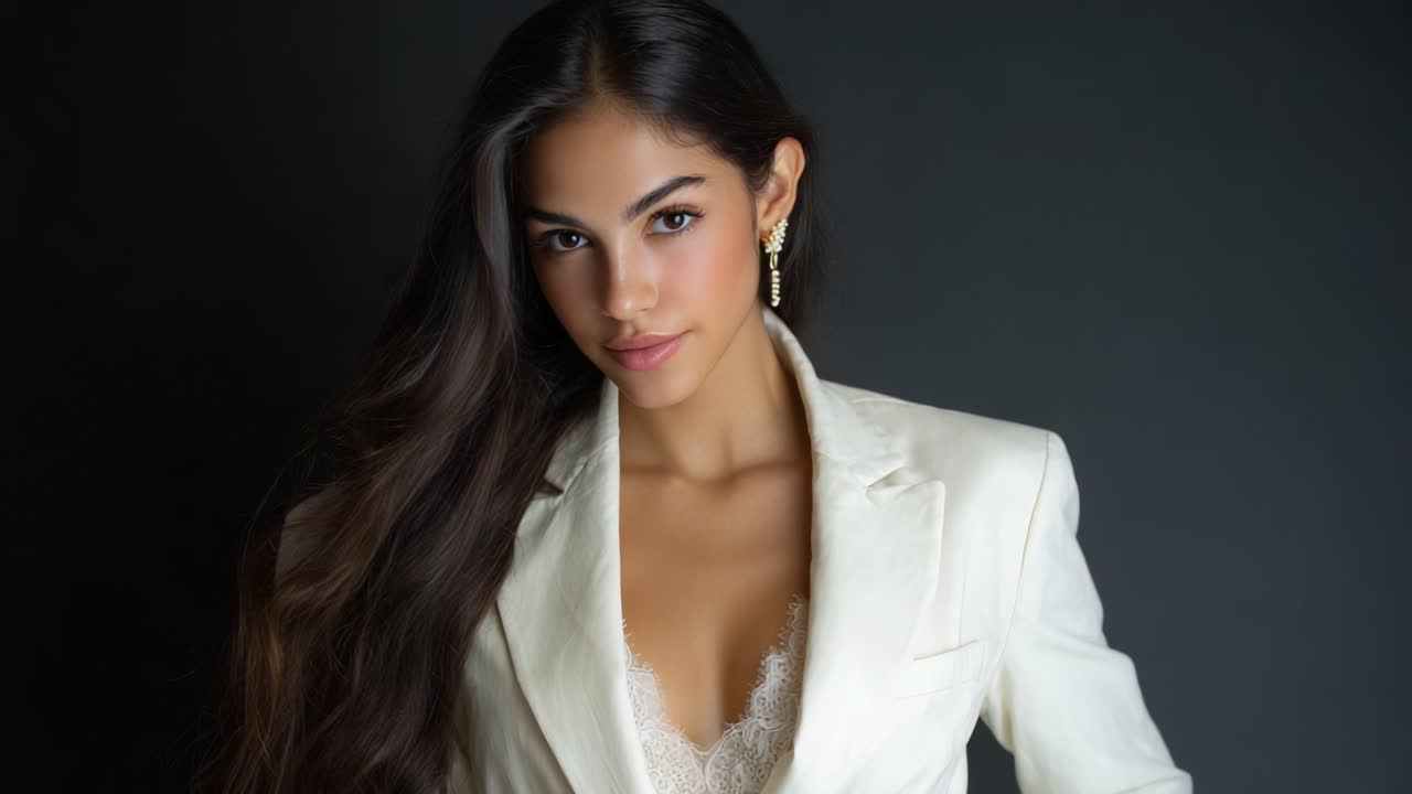 Elegant model poses in a stylish white blazer with delicate lace accents, showcasing beauty and confidence in a sophisticated portrait session against a dark backdrop