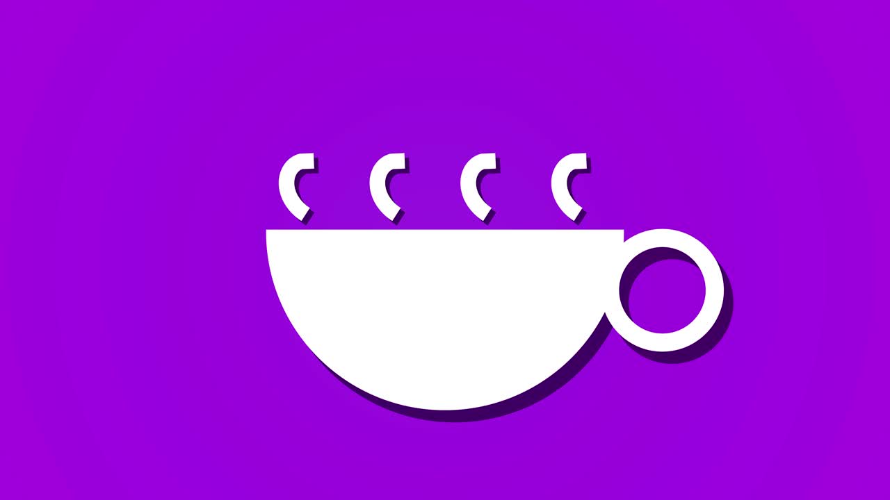 bebida caliente al vapor café té bucle de animación, fondo púrpura