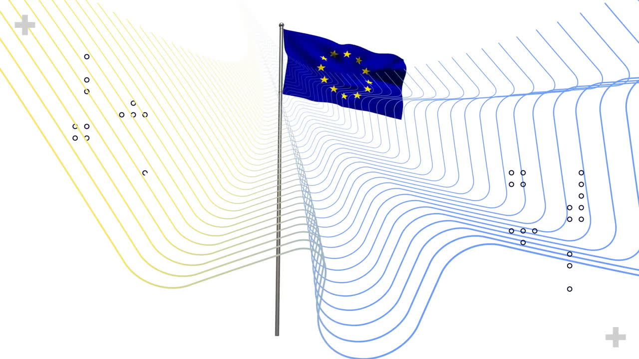Bandiera dell'UE che sventola con animazione su motivi astratti di linee blu e gialle