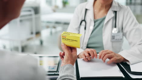 hands, patients and doctor with a box of pills