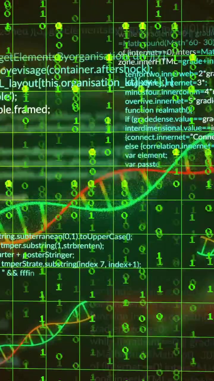 DNA strands and binary coding animation over scientific data processing