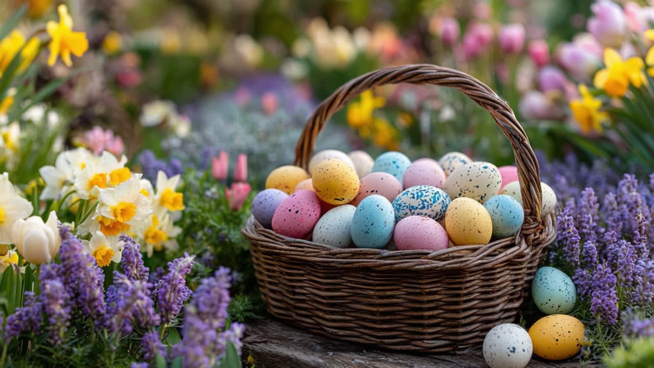 A Vibrant Basket Filled with Colorful Easter Eggs Surrounded by Beautiful Spring Flowers, Perfectly Capturing the Essence of Seasonal Joy and Celebration